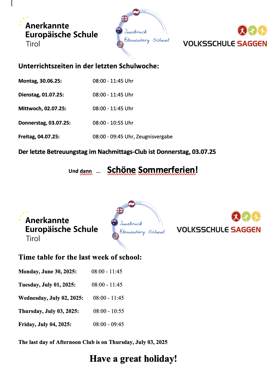 Zeiten letzte Schulwoche
