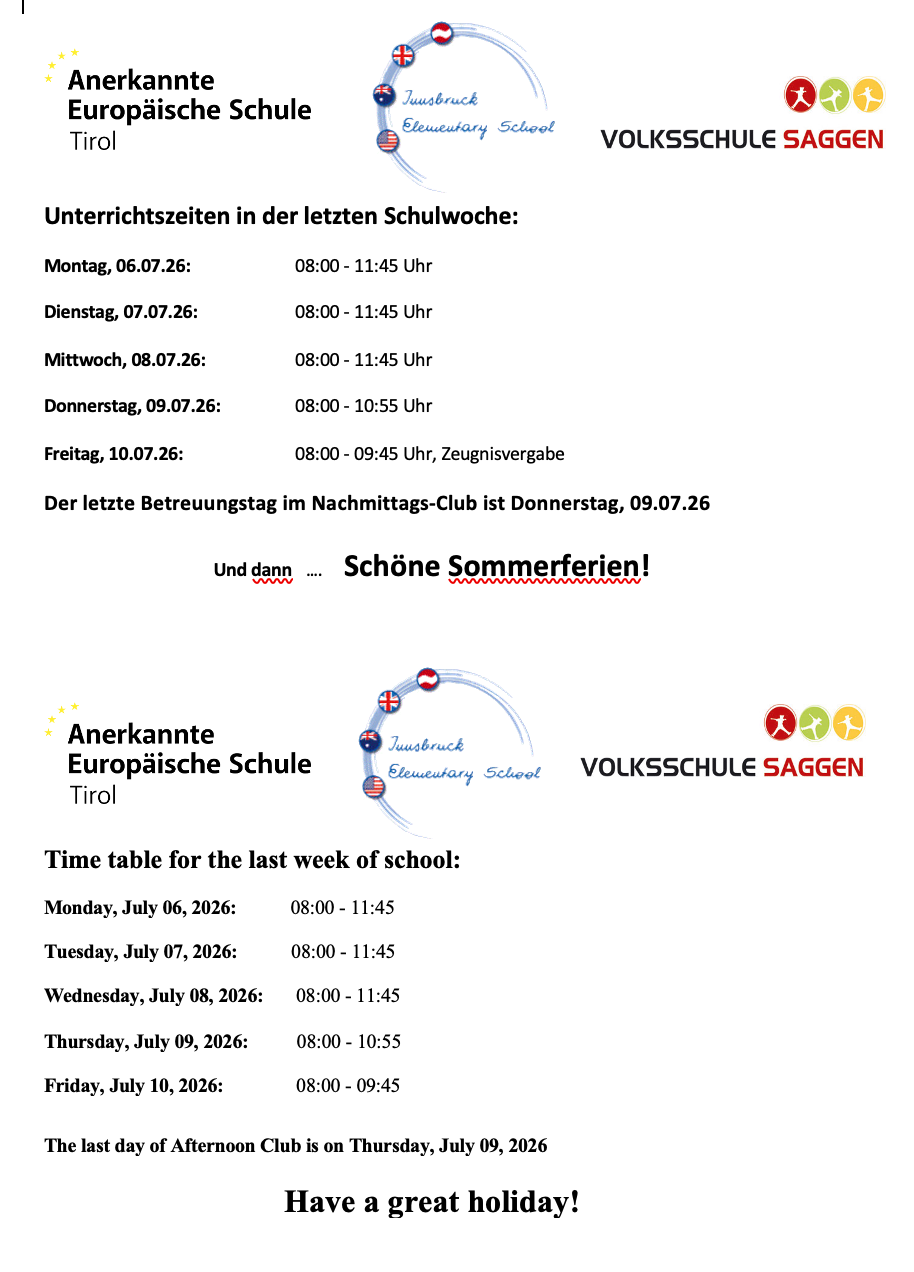 Zeiten letzte Schulwoche